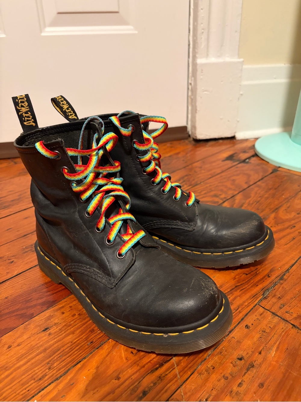 Dr. Martens Black Leather Boots with Rainbow Laces and Yellow Stitching